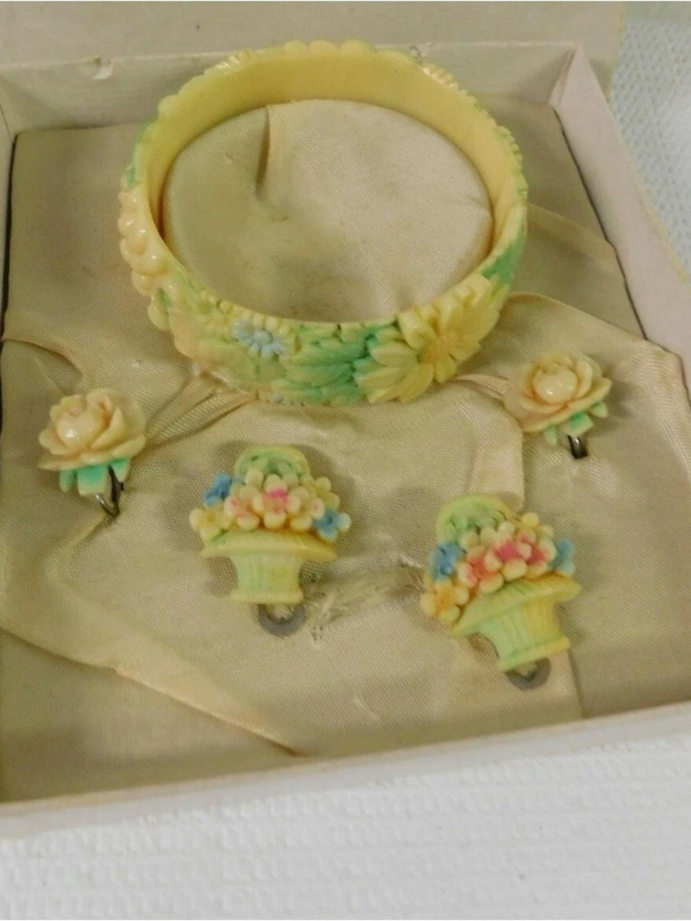 Pastel Floral Elephant Celluloid Bracelet and Earring Set